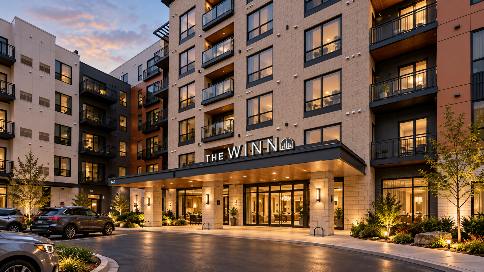 The WINN apartment building entrance in Golden Valley, Minnesota