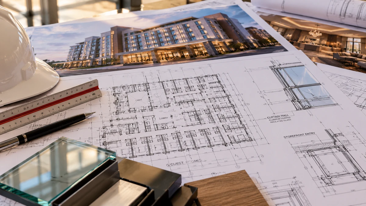 Architectural drawings with glass and material samples