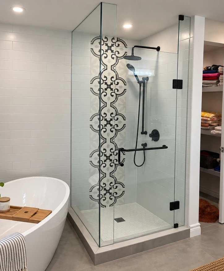Frameless heavy glass shower enclosure with decorative glass panel