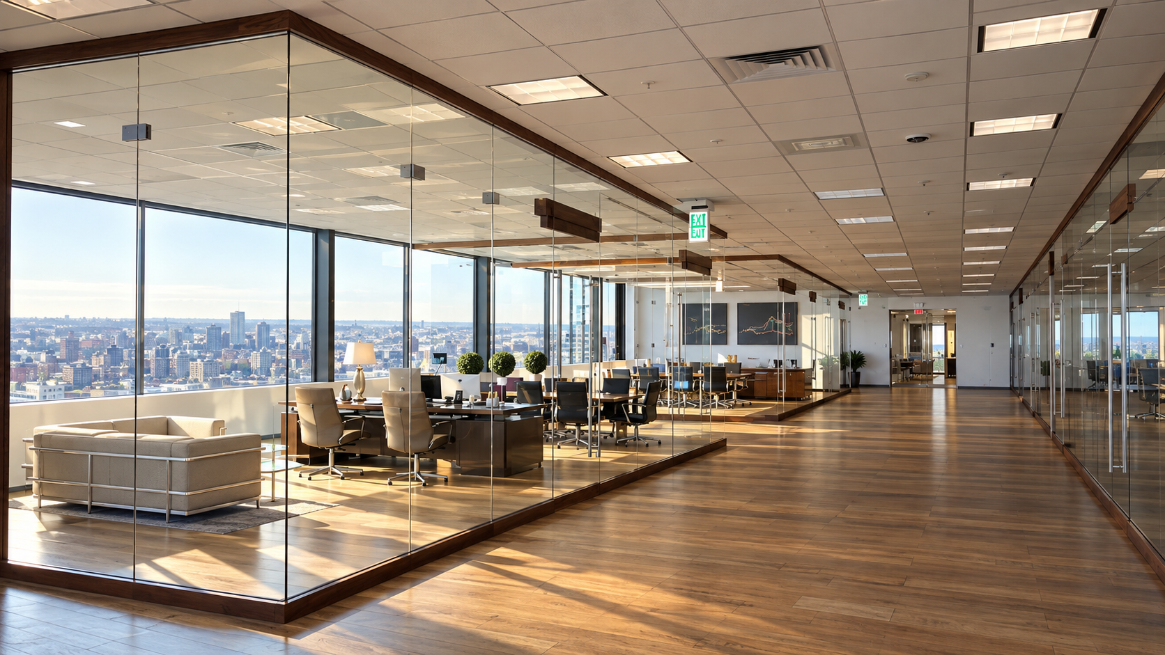 Wood and glass office partition system in a modern corridor